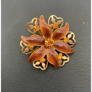 Vintage Gold Tone Amber Rhinestone And Enamel Flower Brooch
